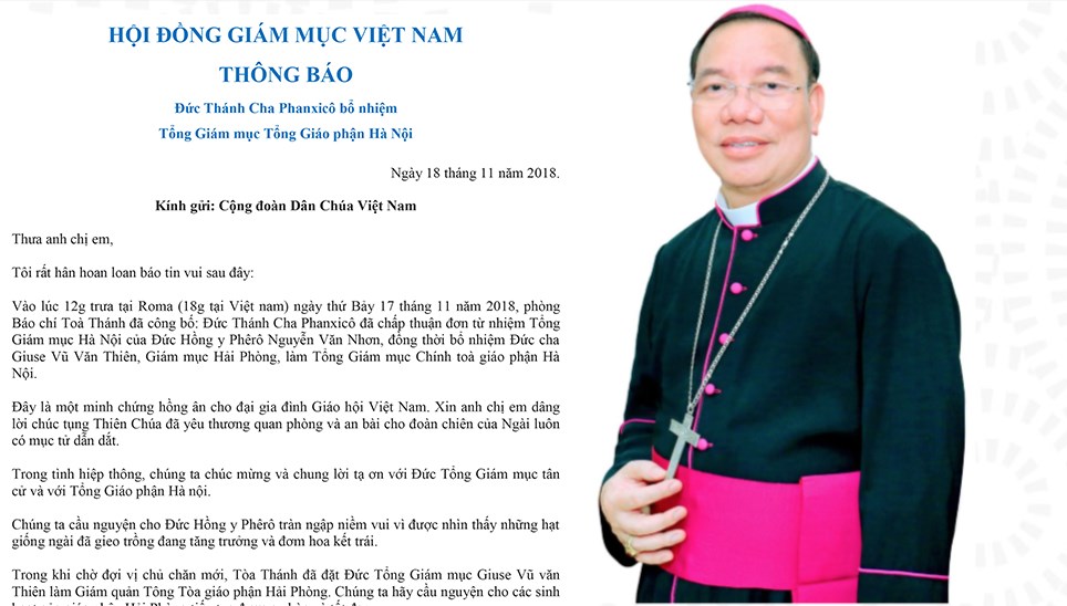 Hội đồng Giám mục Việt Nam thông báo Tòa Thánh bổ nhiệm Đức cha Giuse Vũ Văn Thiên làm Tổng Giám mục Chính tòa giáo phận Hà Nội