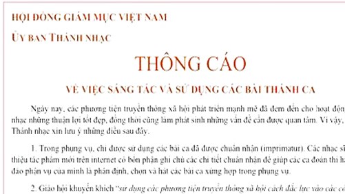 THÔNG BÁO ĐÁNG CHÚ Ý CỦA ỦY BAN THÁNH NHẠC THUỘC HĐGM VIỆT NAM